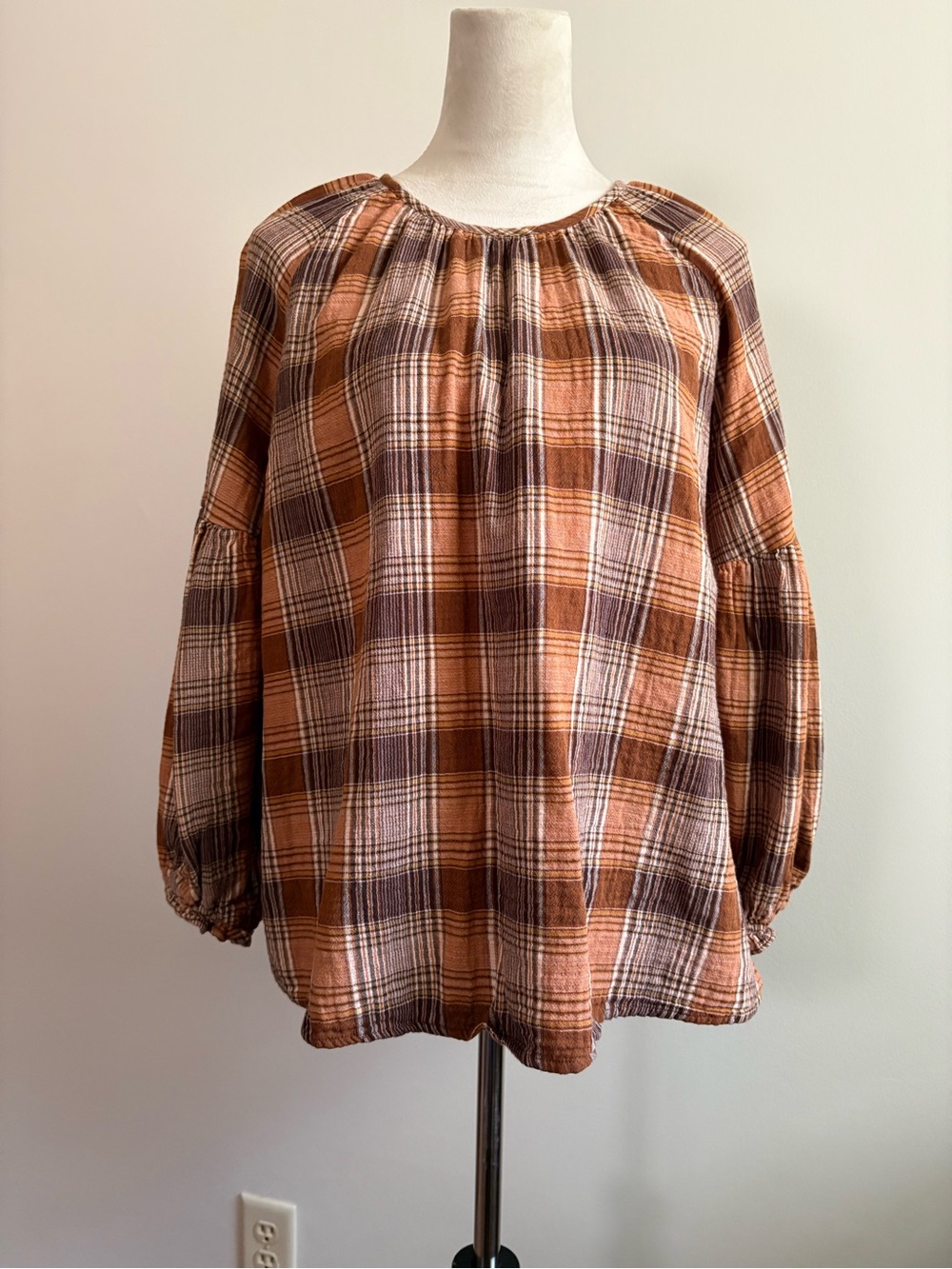 Universal Thread Boho Brown Tartan Plaid Peasant Top Size XXL